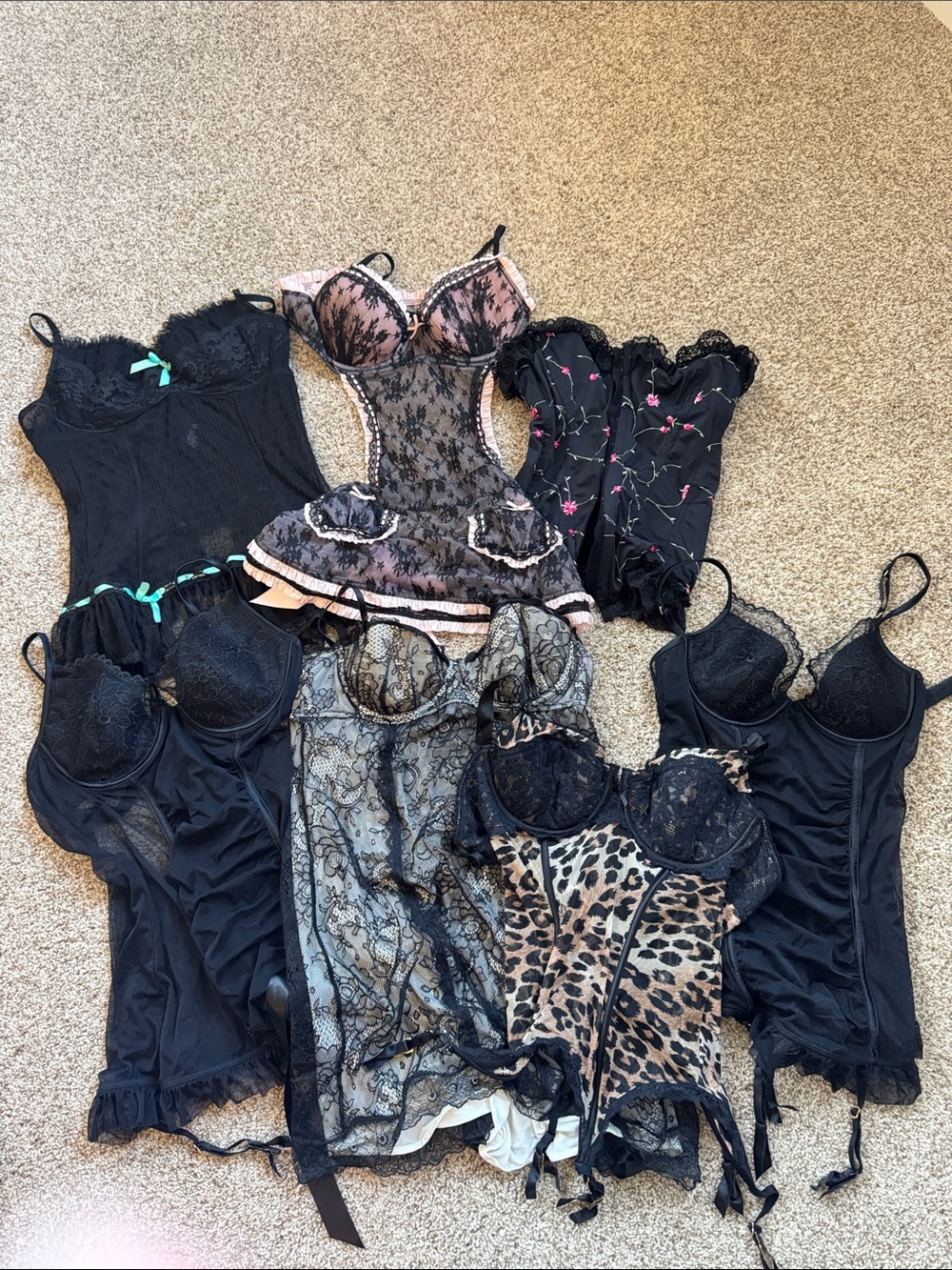 Victoria’s Secret Lot Mixed Lace & Leopard Lingerie Set - Black & Nude Accents